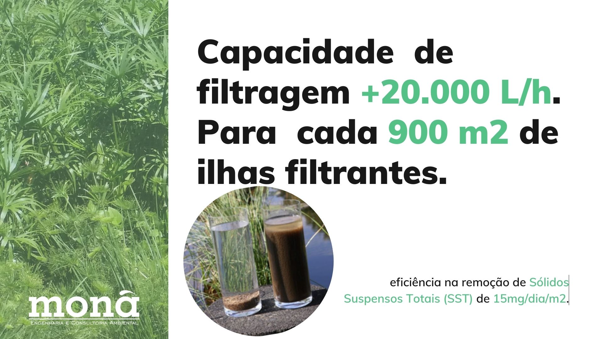 Eficiência na remoção de SST, patógenos, metais, poluentes e contaminantes.